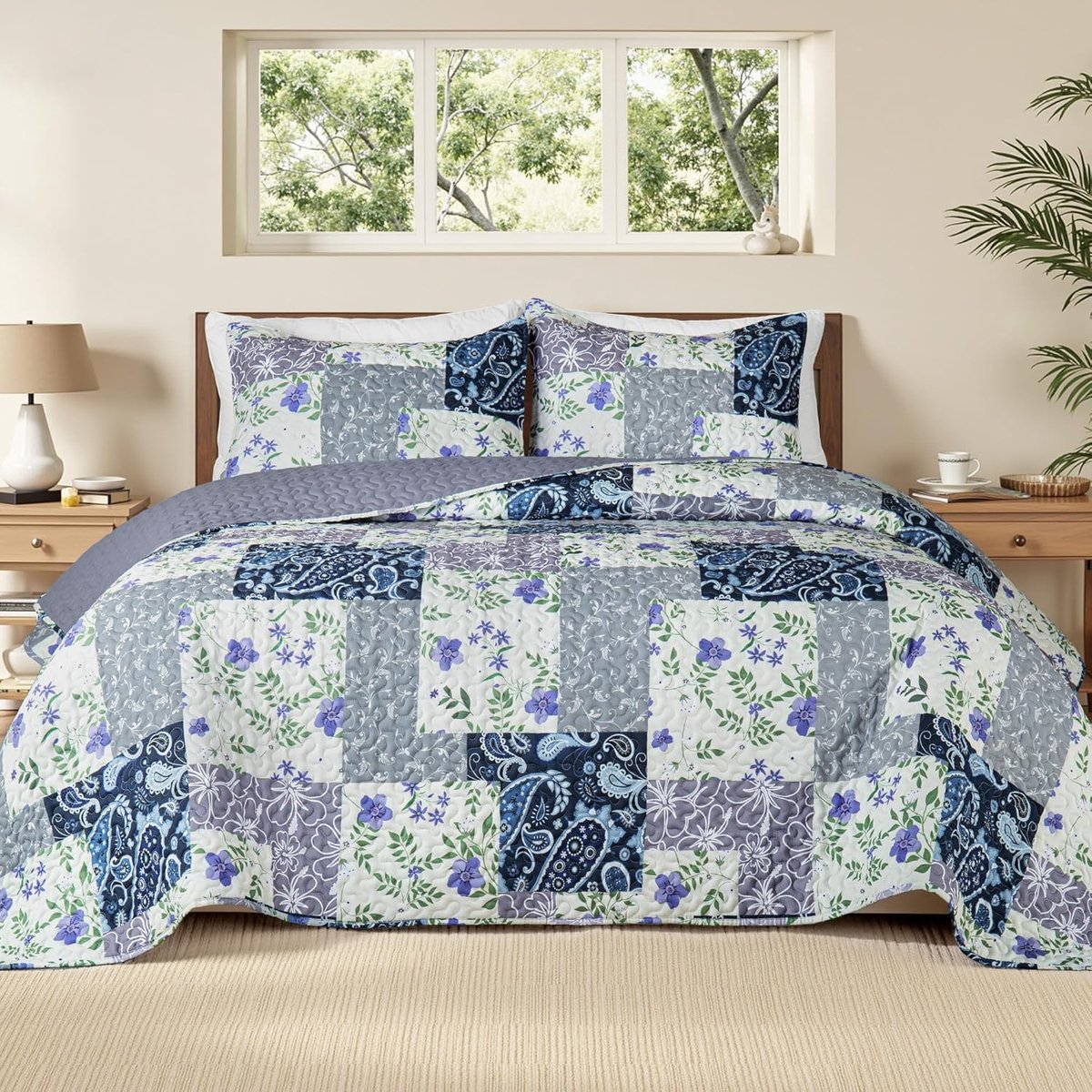 Thijox - Whale Flotilla Sprei 230 x 240 cm, Dekbed voor Tweepersoonsbed, Lichte Paisley-Bloemen Motief met 2 Kussenslopen voor Alle Seizoenen