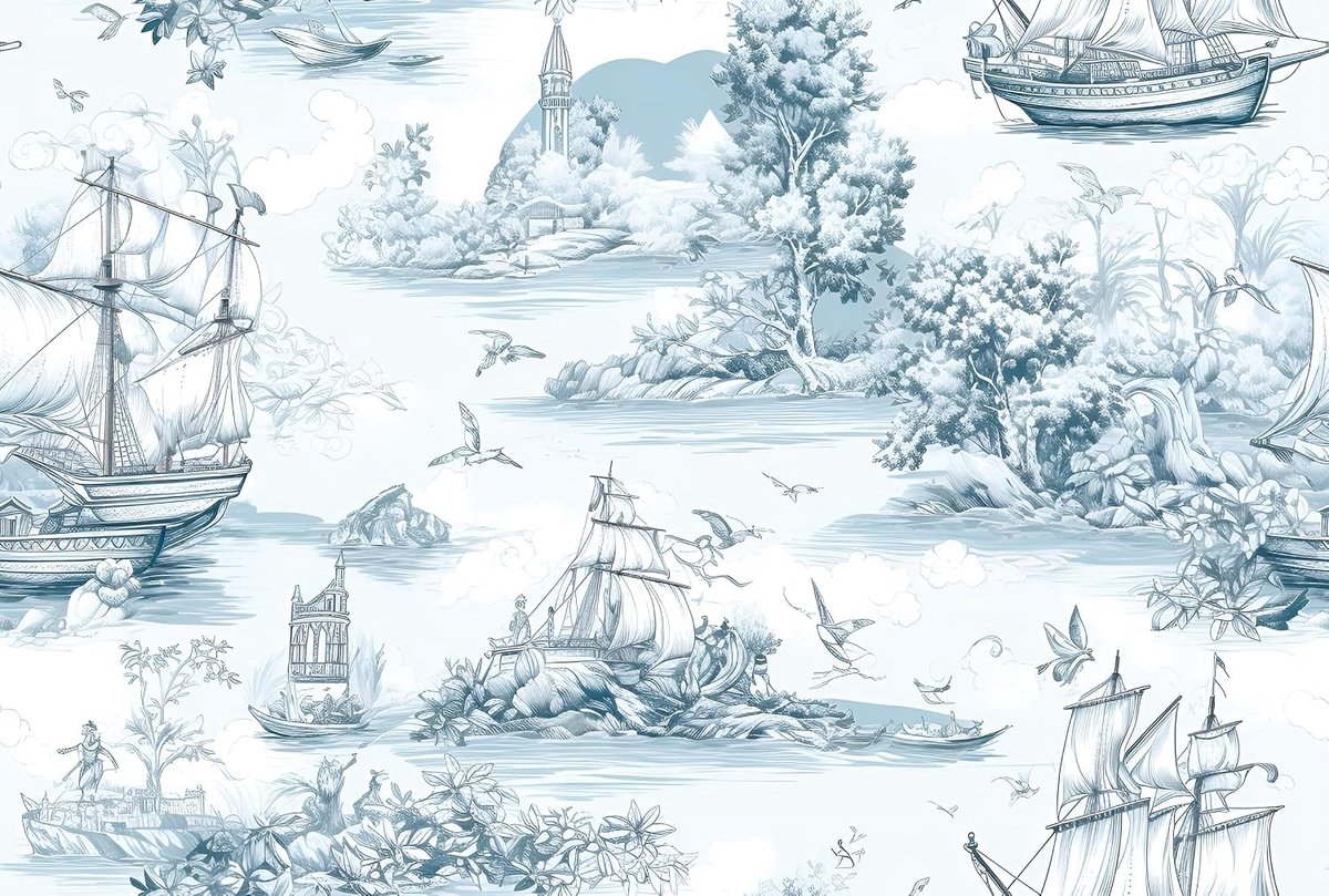 Zelfklevende film voor meubels met blauw-witte toile de Jouy print - Decoratieve wandbekleding voor kinderkamers, lades en kasten - 44,5 cm x 3 m
