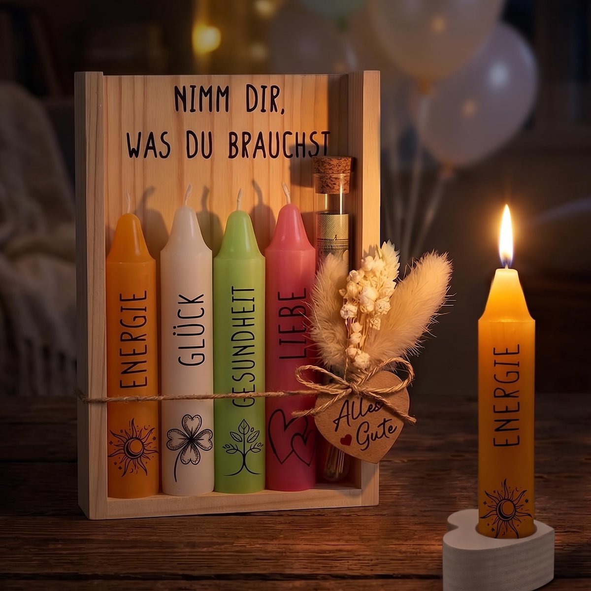SnelShoppen - Kaarsenset met Kandelaar – Geurkaarsen Cadeauset voor Vrouwen, Mama, Vriendin, Zus – Houten Doos Decoratie met Spreuk – Perfect Cadeau v
