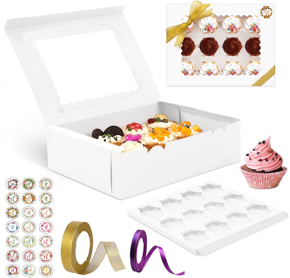 SnelShoppen - 15 Stuks Cupcake Dozen, Witte Bakkerij Dozen met Venster voor Muffins, Taartdozen, Cake Containers, Perfect voor Feesten en Evenementen