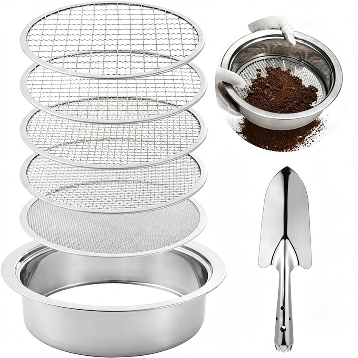 Grondzeefset -Tuinzeef - 5-in-1 grondzeefset - Compostzeef - Zeefmaten van 1, 3, 6, 9 en 12 mm - Inclusief schep en zeefframe - Geschikt voor het zeven van grond, compost, stenen, tuinafval en kattenbakvulling - Zilver