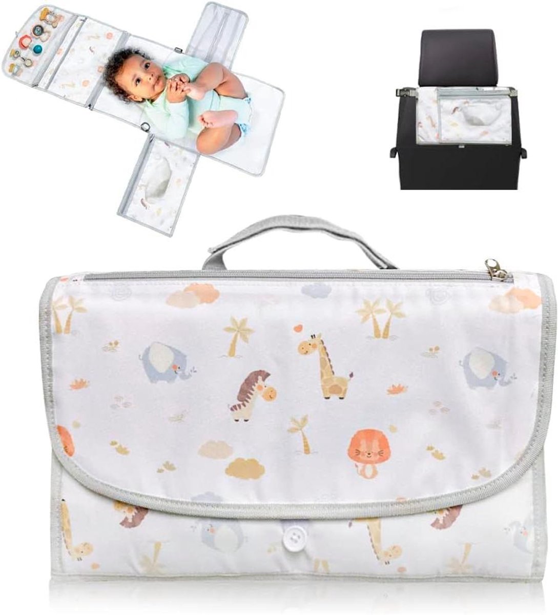 Draagbare Aankleedmat - Baby Verschoningsmat - Baby Verzorgen Onderweg - Waterdicht Met Opbergvakken - XL Formaat - Dierentuin Print