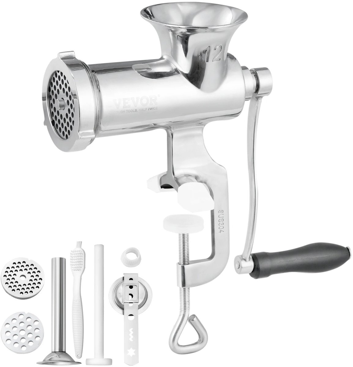 Loushops - Vleesmolen - Gehaktmolen - Keukenmachine - Foodprocessor - Handmatig - Staal - Roestvrij - Maalplaten 5mm en 8mm