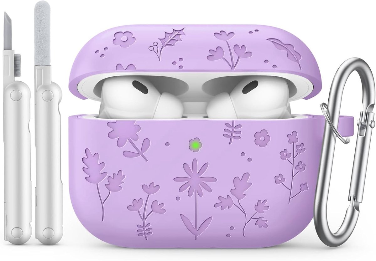 Siliconen Carving Case voor AirPods Pro 3 met Schattige Bloemengrave in Paars - Bescherming, Stijl en Functionaliteit