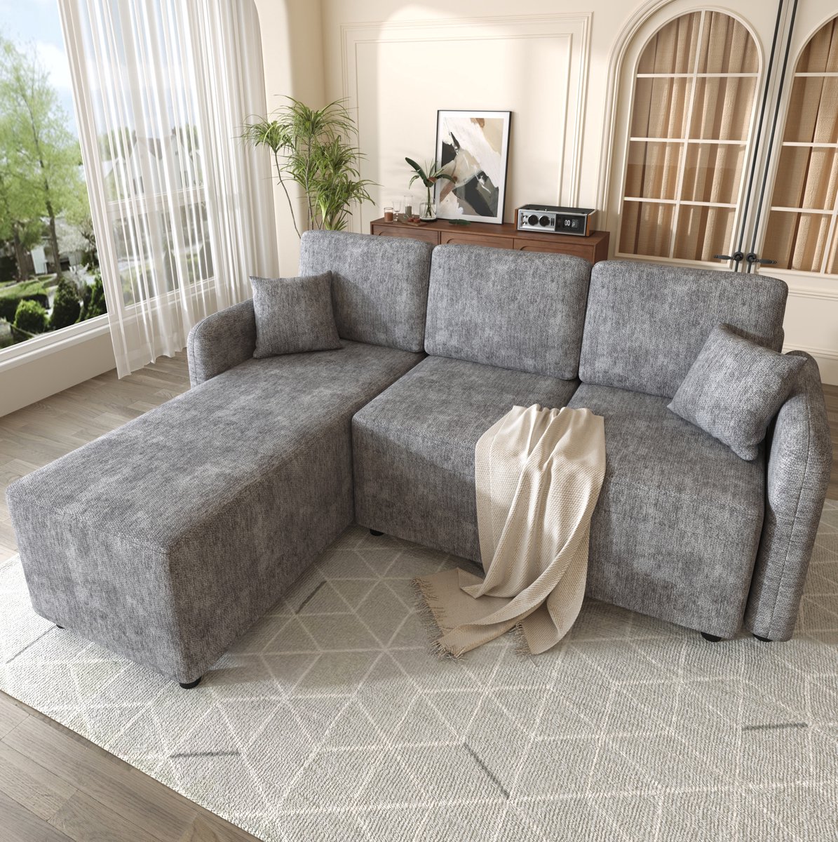 OKWISH Hoekbank 187,5 x 144 cm - 3-Zits Met L-vormige Relaxhoek En 2 Kussens - Voor Woonkamer Of Studentenkamer - Chenille - Grijs