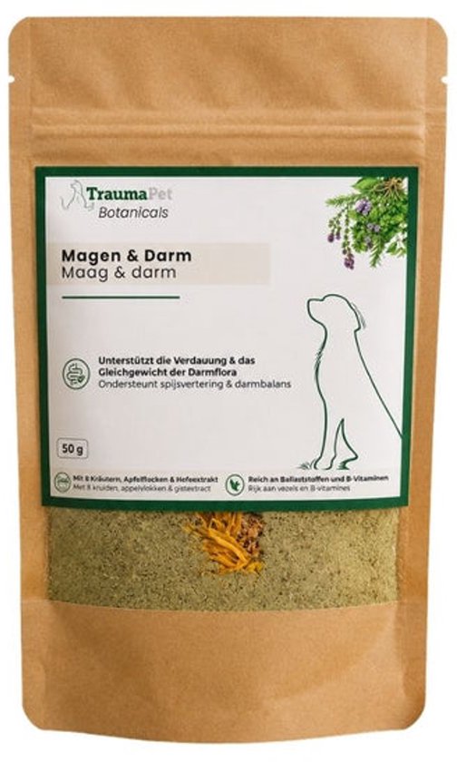 Bruine papieren zak met kruidenmix voor hond en kat. Groen etiket met merknaam en productinformatie.