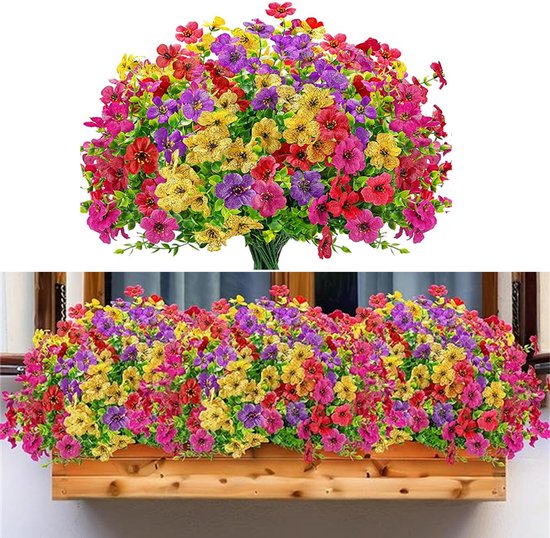 Foto: 12 bundels kunstbloemen voor buiten kunstviolette bloemen uv bestendige zijden kleurrijke madeliefjes kunstbloemenboeket voor buiten binnen tuin verandadecoratie geel rood paars roosrood 
