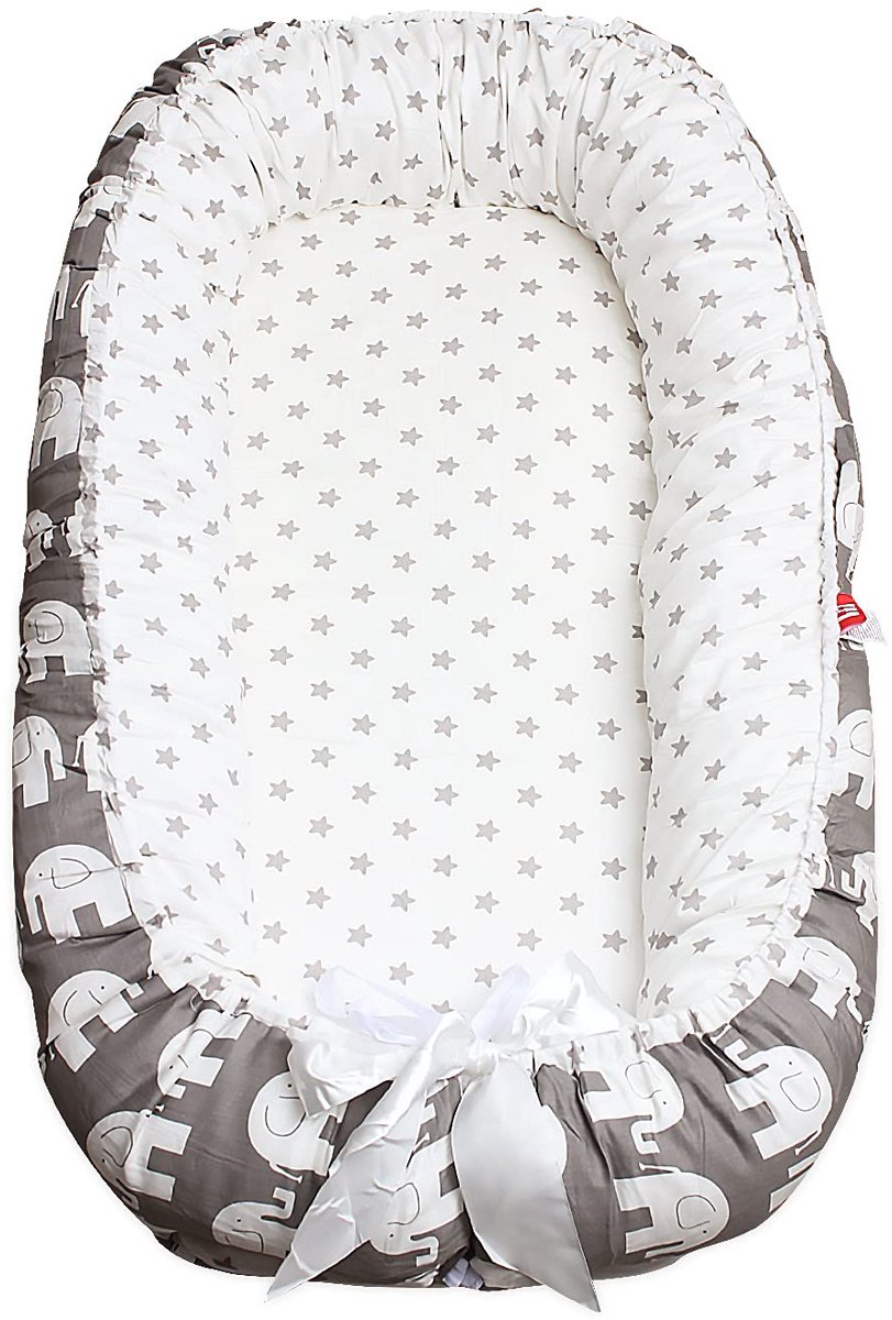 SnelShoppen - Babynest voor Pasgeborenen en Baby's - Dubbelzijdig, Ademend, Hypoallergeen Katoen - Inclusief Kussen - Draagbaar Olifantgrijs voor Bed,