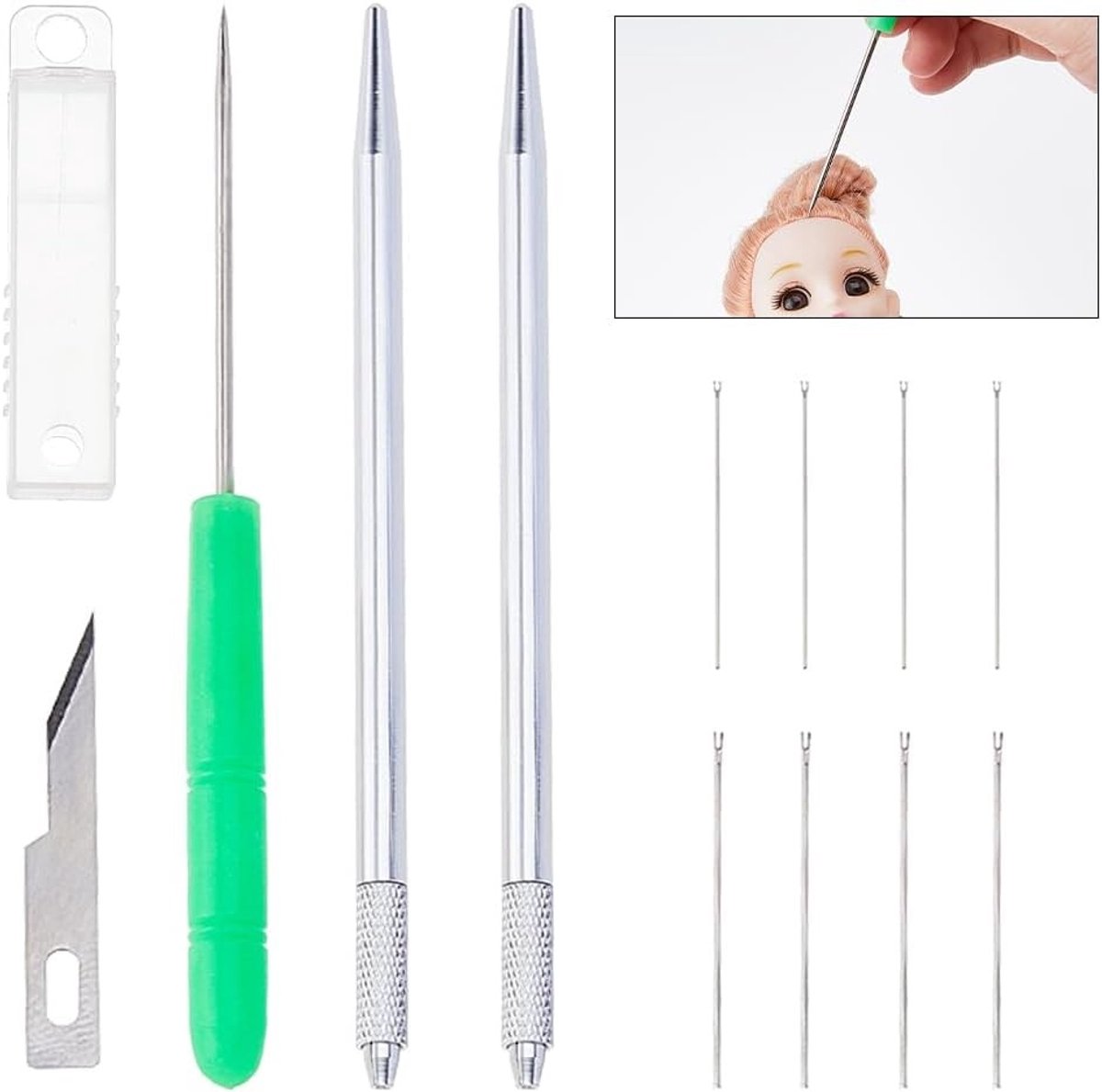12 Stuks Reroot Hair Tools voor Poppen - Knitting Naalden, Reroot Accessoires en Haarvervangingen voor Poppen met 1.5 Inch Wigs