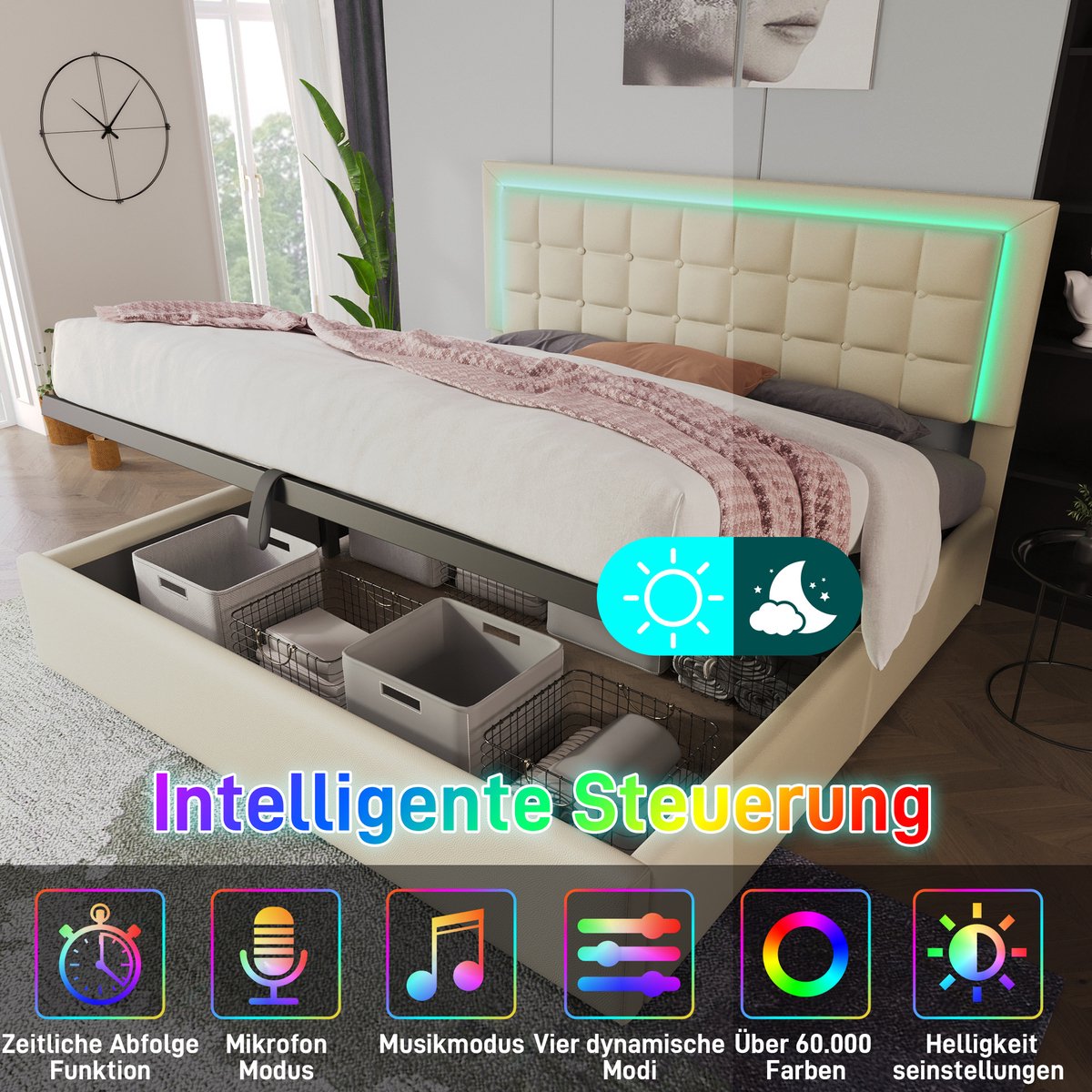 COVREO Bed 180x200 cm wit, van kunstleer met opbergruimte en LED