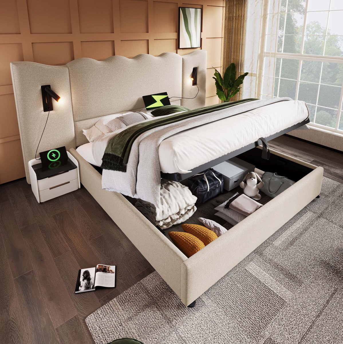 COVREO Bed 180x200 cm beige, stof met opbergruimte en leeslamp