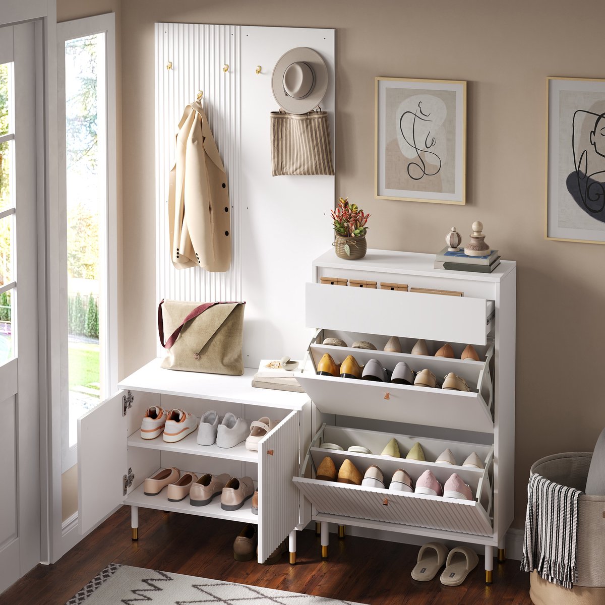 Schoenenkast - Modulair garderobeset met 6 haken, smalle schoenenkipper & 2-deurs kast - 70x180x35 cm - Wit