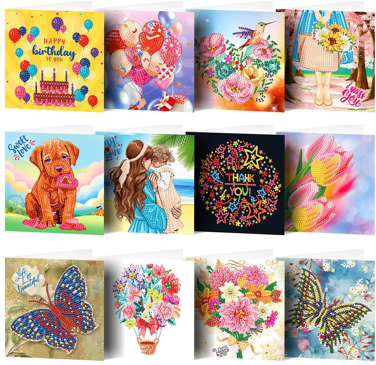 YYchan Diamond Painting Kaarten Set van 12 - DIY Wenskaarten Inclusief Enveloppen - 15x15 cm - Verjaardag & Feestdagen - Puppy
