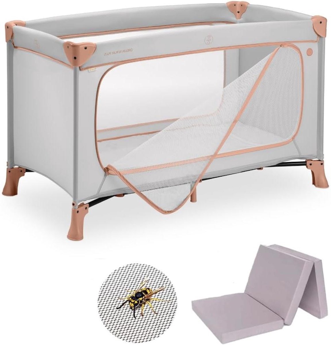 Babyreisbed - Opvouwbaar bed - Veilig slapen - Met matras en net - 125x65x76 cm - Dusty Cork