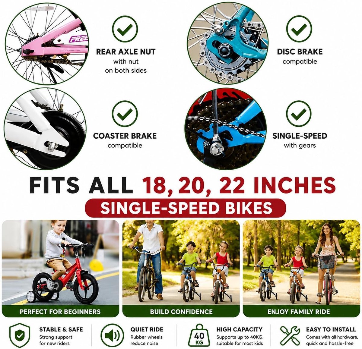 SnelShoppen - Kinderfiets Steunwielen van Koolstofstaal, Universele Stabilisatie voor 18, 20 en 22 Inch Fietsen, Veiligheidsondersteuning voor Kindere