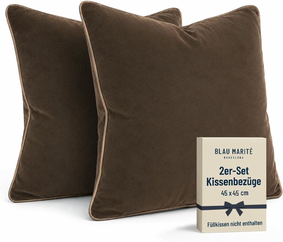SnelShoppen - Kussenslopen 45 x 45 cm set van 2 van zacht fluweel met contrasterende rand in bruin en camel, ideaal voor interieurdecoratie en sfeervo