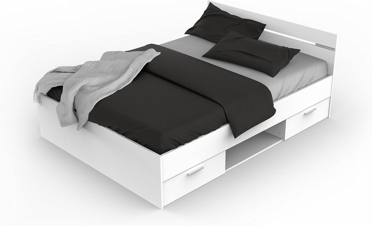 Tweepersoonsbed - Houten bed - Slaapkamer inrichten - Met opbergruimte - 140x200 cm - Wit
