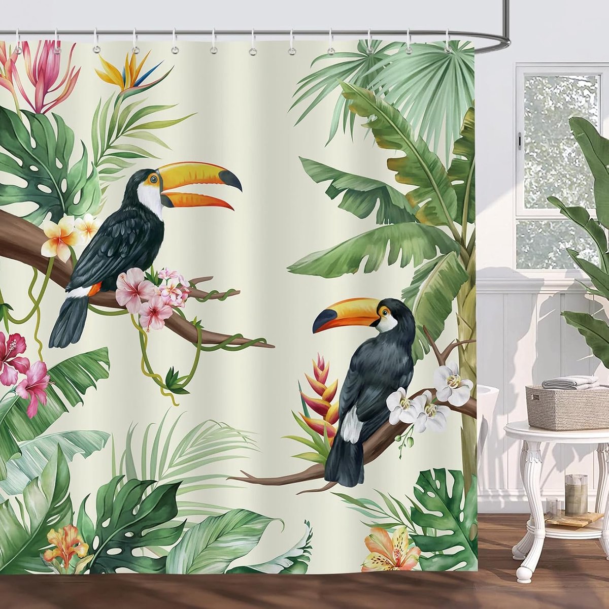 SnelShoppen - Douchegordijn Tropische Vogels Toekan Groen Palmbladeren Papegaai 180 x 180 cm Schimmelwerend Waterdicht Polyester Wasbaar Badkamergordi