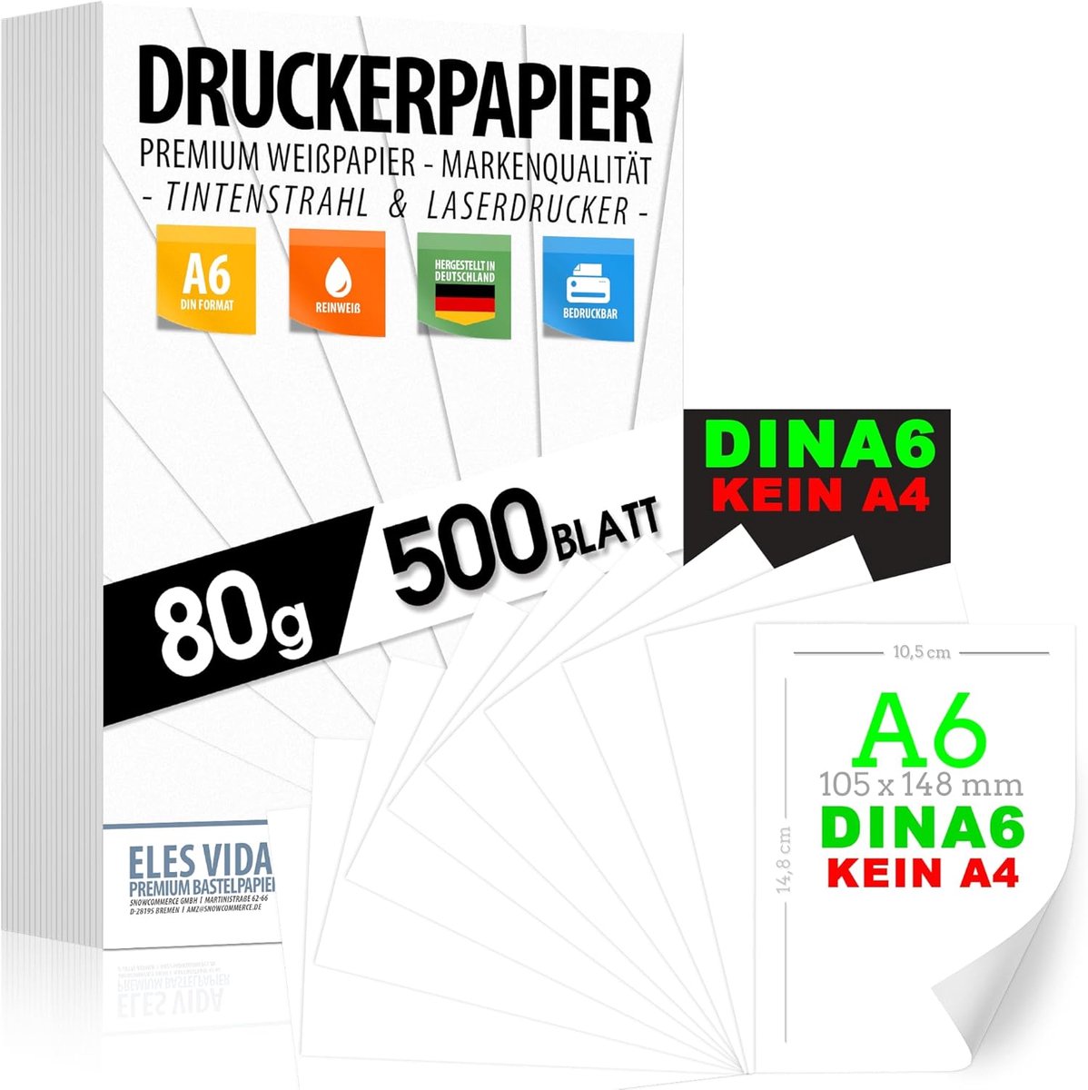 SnelShoppen - Printerpapier A6, 80 g, wit, 500 vellen, premium kopieerpapier voor laserprinter en inkjet, ideaal voor kantoor, universiteit en fotogra