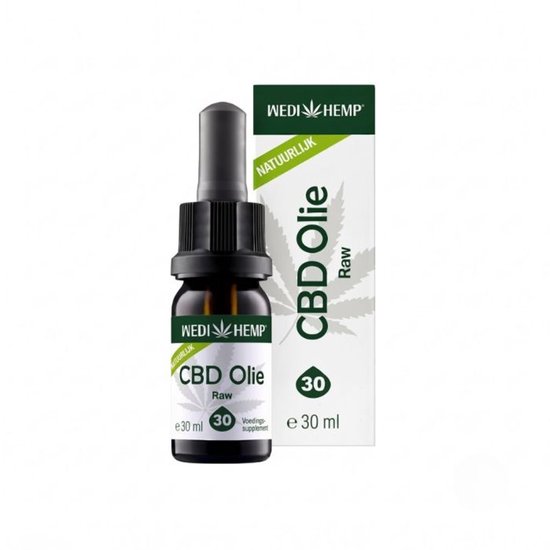 Donkerglazen flesje met druppelaar, met het WEDI HEMP logo en de tekst "CBD Olie Raw". Naast het flesje de verpakking met "NATUURLIJK CBD Olie Raw 30ml".