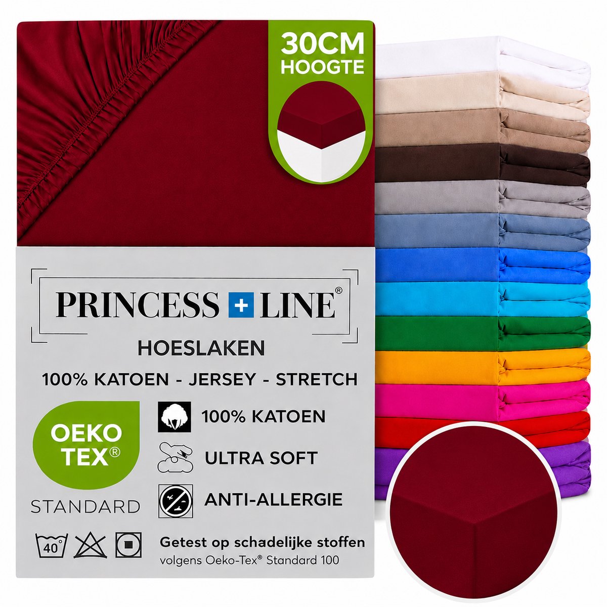 Princess Line- Comfortabel Ultra-Soft-Hoeslaken -100% katoen-Jersey -Stretch -Strijkvrij- Rondom elastiek-Hoekhoogte tot 30cm-2Persoons- Lits-Jumeaux-180x200 cm - Bordeaux