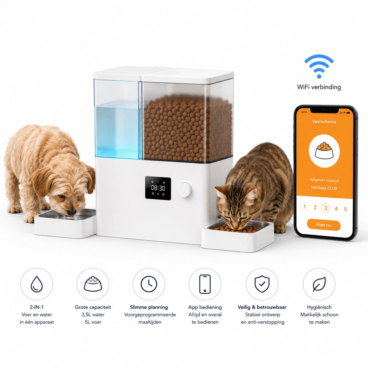 Jurrys automatische voerbak - Drinkfontein - Voerautomaat - Kat en Hond - 2 in 1 - Compleet met waterdispenser - Met app bediening - Zwart