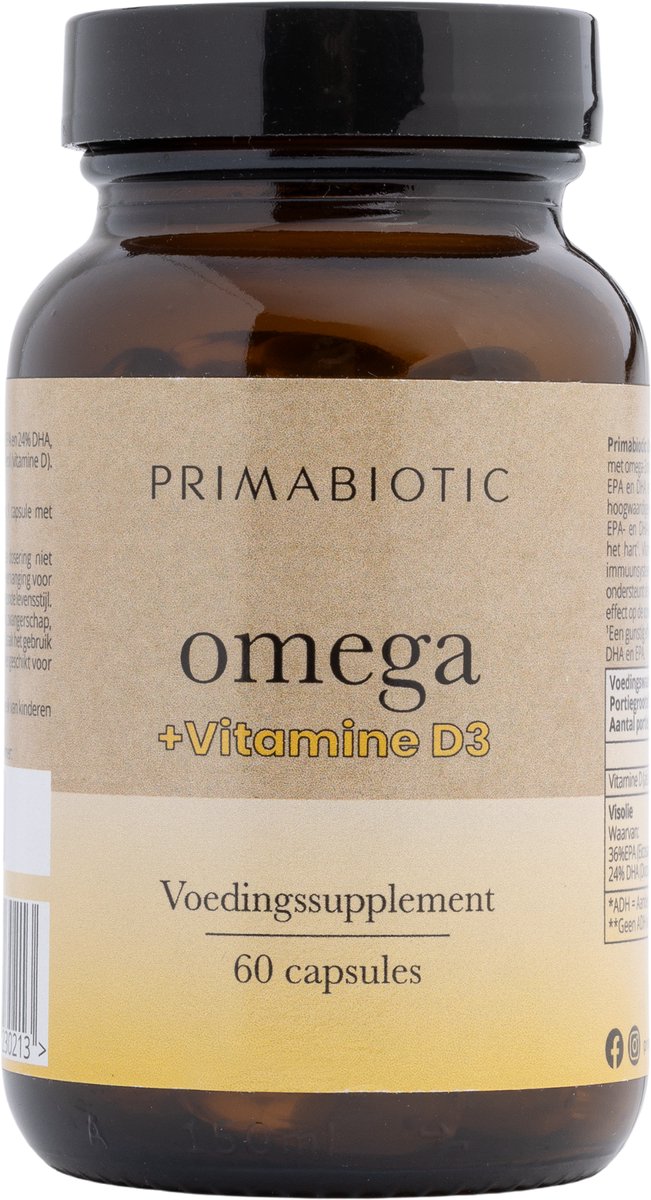 Omega 3 + D3 Capsules – Primabiotic Omega 3 Visolie 1000 mg met D3 2000 IE | Hooggedoseerd, puur voedingssupplement van hoge kwaliteit | 60 capsules | Voor hart, hersenen en immuunsysteem