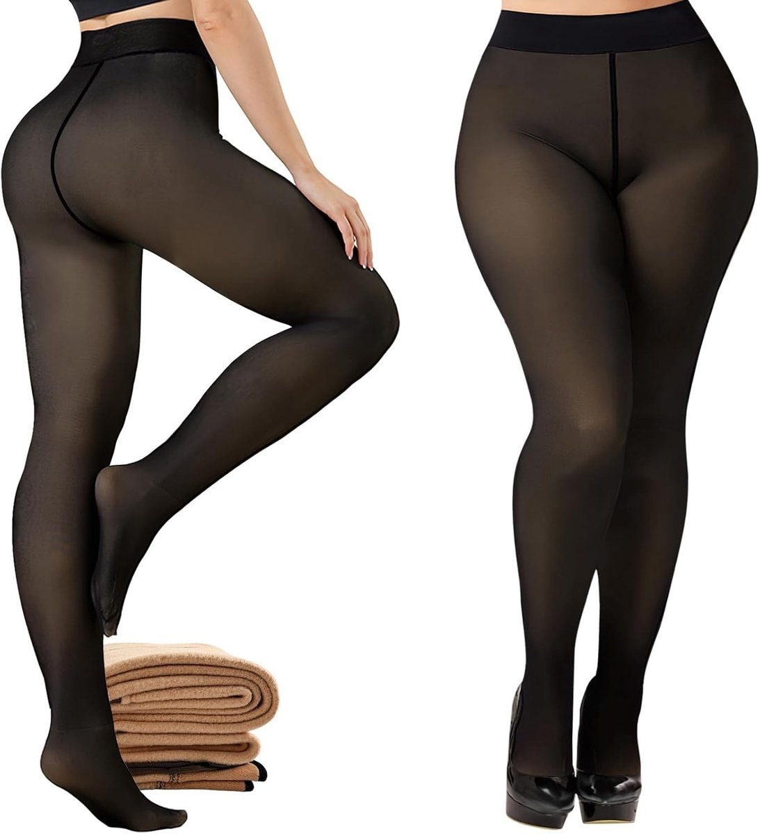 Fleece gevoerde damesleggingen - Hoge taille, nep doorzichtige thermoleggings, dik en warm voor de winter
