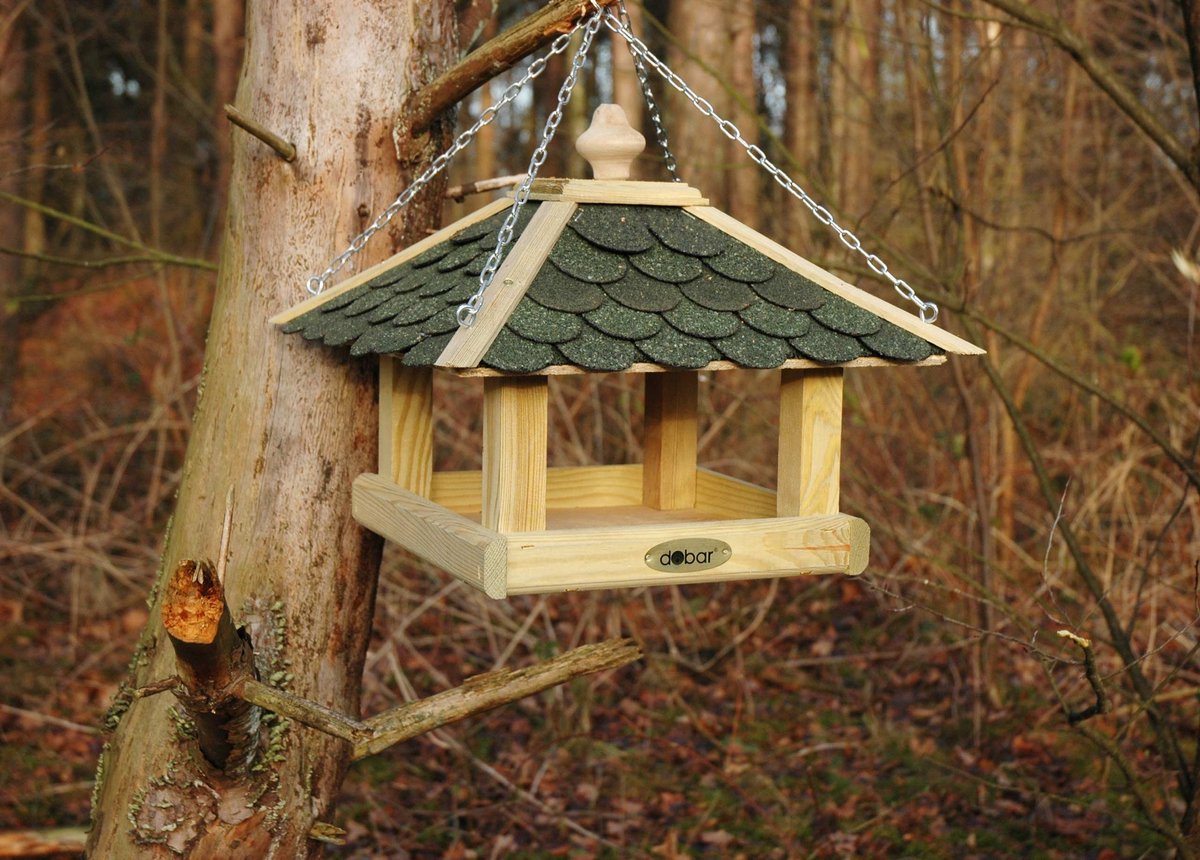 SnelShoppen - Klassiek Vogelvoederhuisje Massief Hout met Bitumendak, 39x39x30 cm, Groen, Ideaal Voederstation voor Tuin, Terras en Balkon