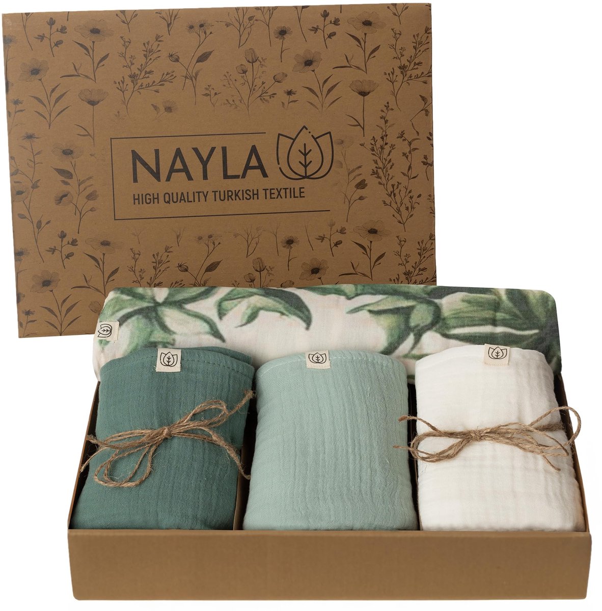 SnelShoppen - Nayla Babymousseline Wikkeldoeken 120x120 cm & 65x65 cm van 100% Biologisch Katoen, Groen Jungle, Mousseline Dekens voor Baby's, Ideaal