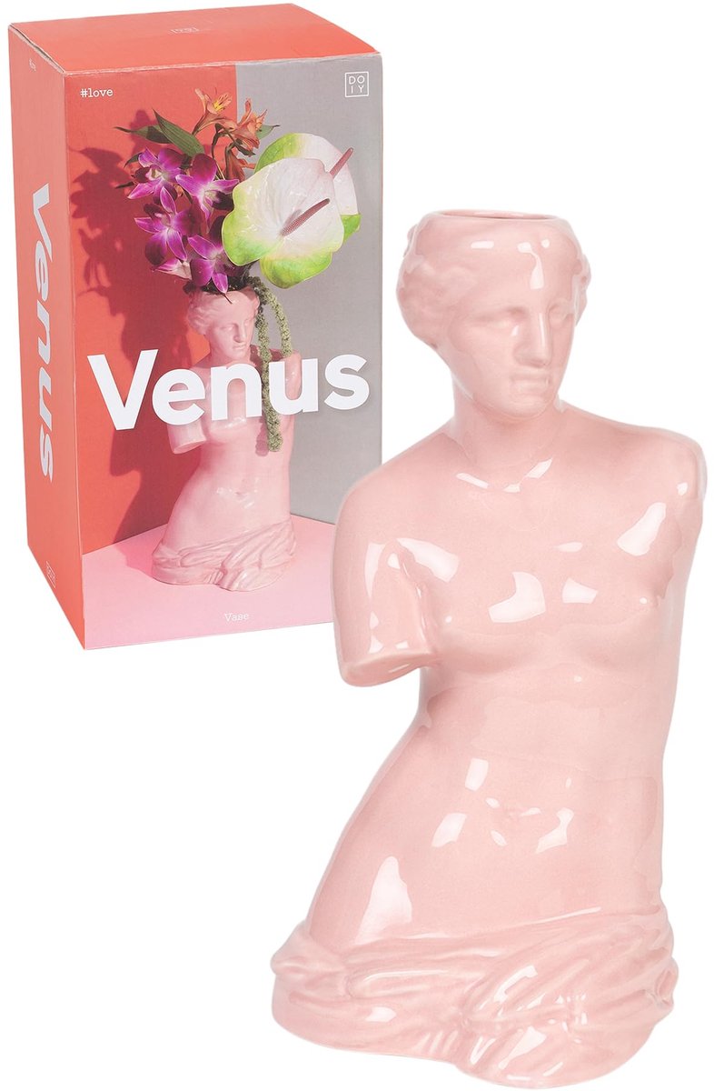 SnelShoppen - Moderne decoratieve bloemenvaas Griekse godin Venus - Keramiek - Roze - 16x16x31cm - Uniek interieuraccessoire voor wonen, feesten en sp