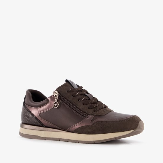 Bruine damessneaker met rits, veters, suède en metallic details.
