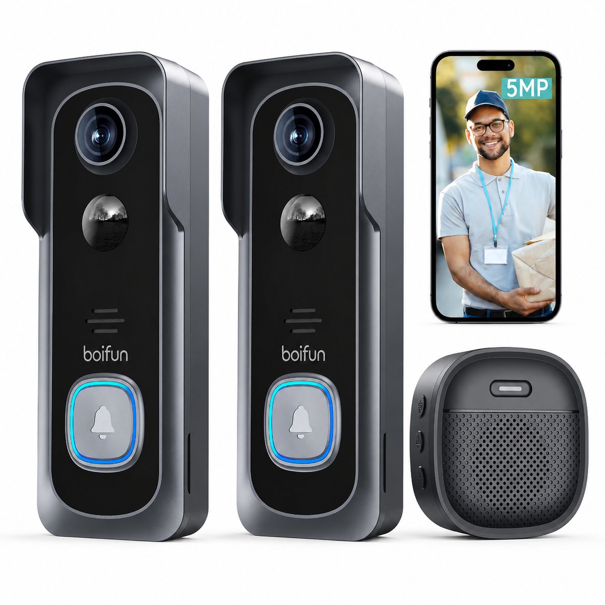 BOIFUN Draadloze Videodeurbel met Camera - Video Doorbell - 5MP HD - Eenvoudige installatie - Live videogesprek - Mens- en bewegingsdetectie - HDR Nachtzicht - Alleen 2.4 GHz WiFi - 2pcs