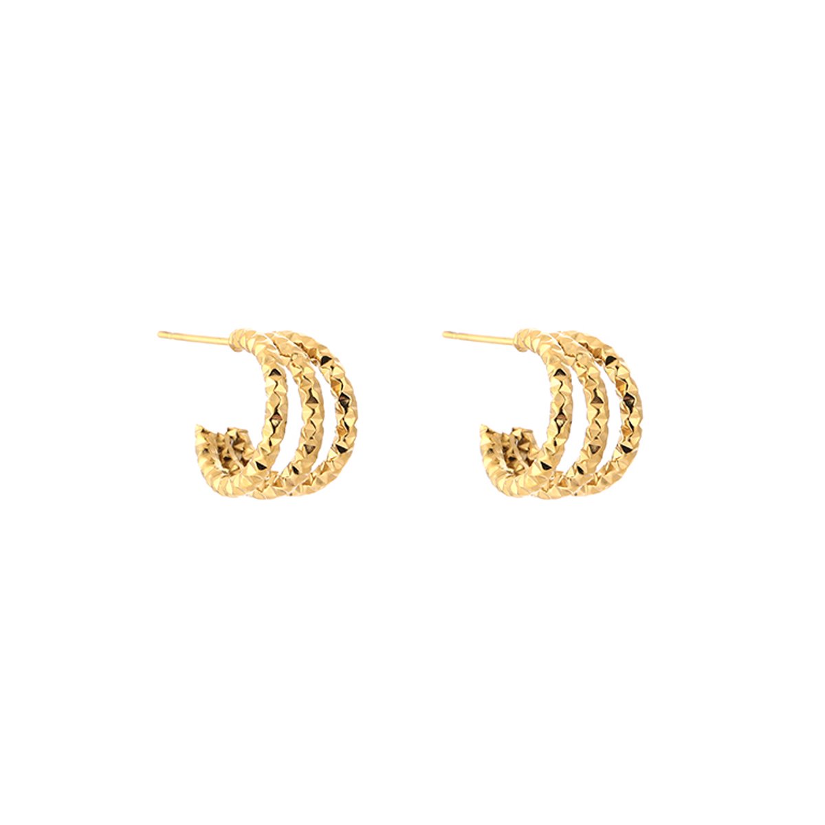 Stainless Steel Triple Textured Half Hoop Studs – Luxe Driedubbele Textuur Oorstekers – RVS - Goud