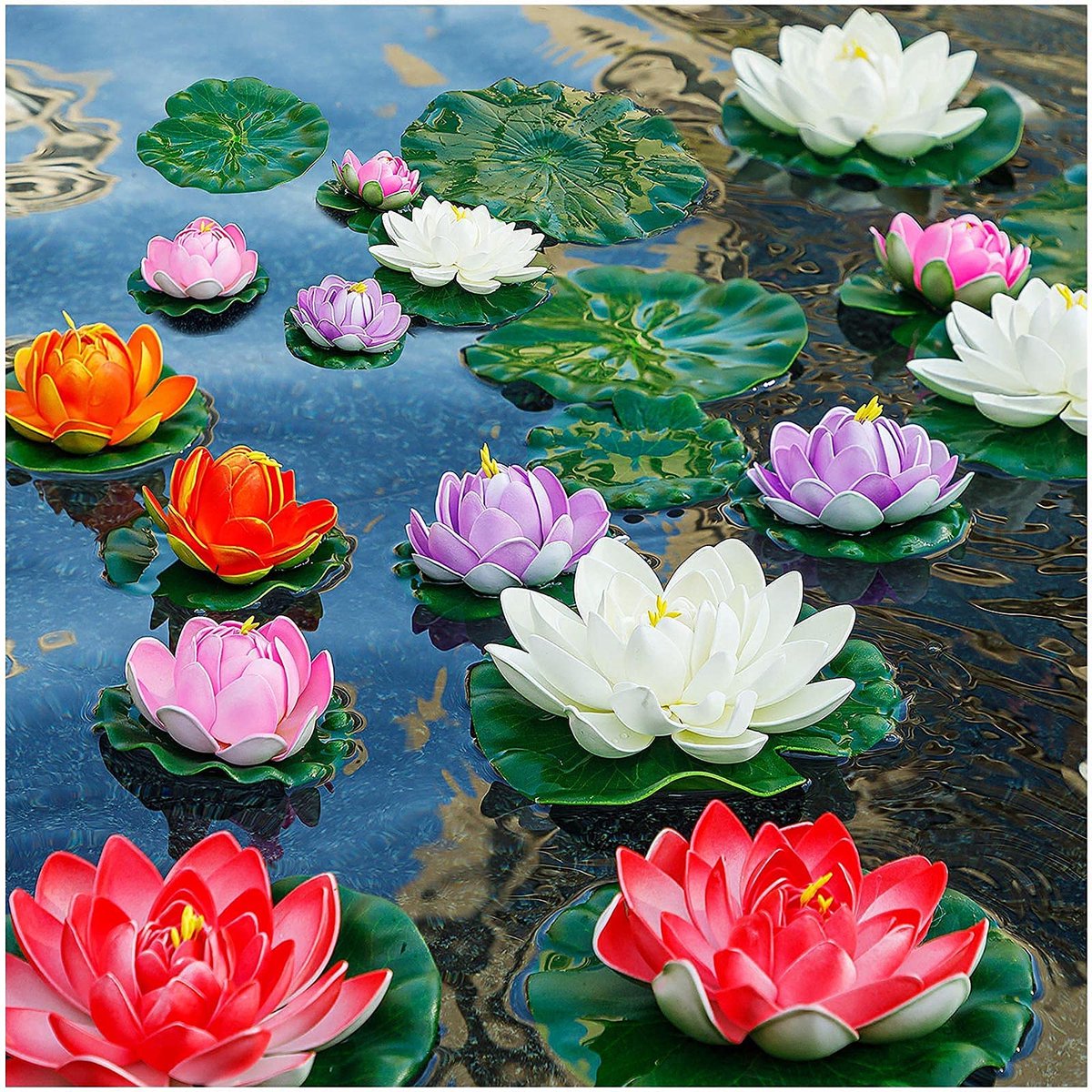 SnelShoppen - Kunstleliepads voor vijver, drijvende lotusbloemen 11 inch en 6 inch, 14 stuks nepleliepads voor zwembad, tuin, koi, visvijver, aquarium