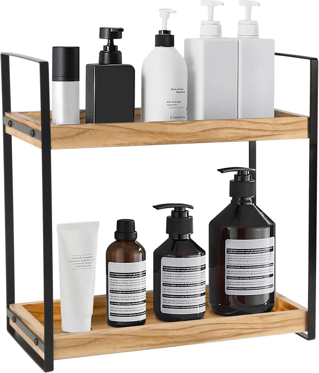 SnelShoppen - Staande Badkamerorganizer, Vochtbestendig Houten Rek met Metalen Frame, Multifunctioneel Kruidenrek, Bureau-Organizer voor Keuken, Bruin