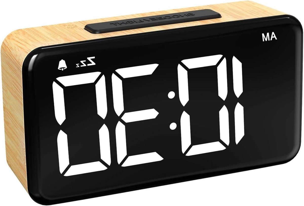 Digitale Wekker - Tafelklok LED - Wakker Worden - Extra Groot Display - 15 cm Scherm - Licht Hout