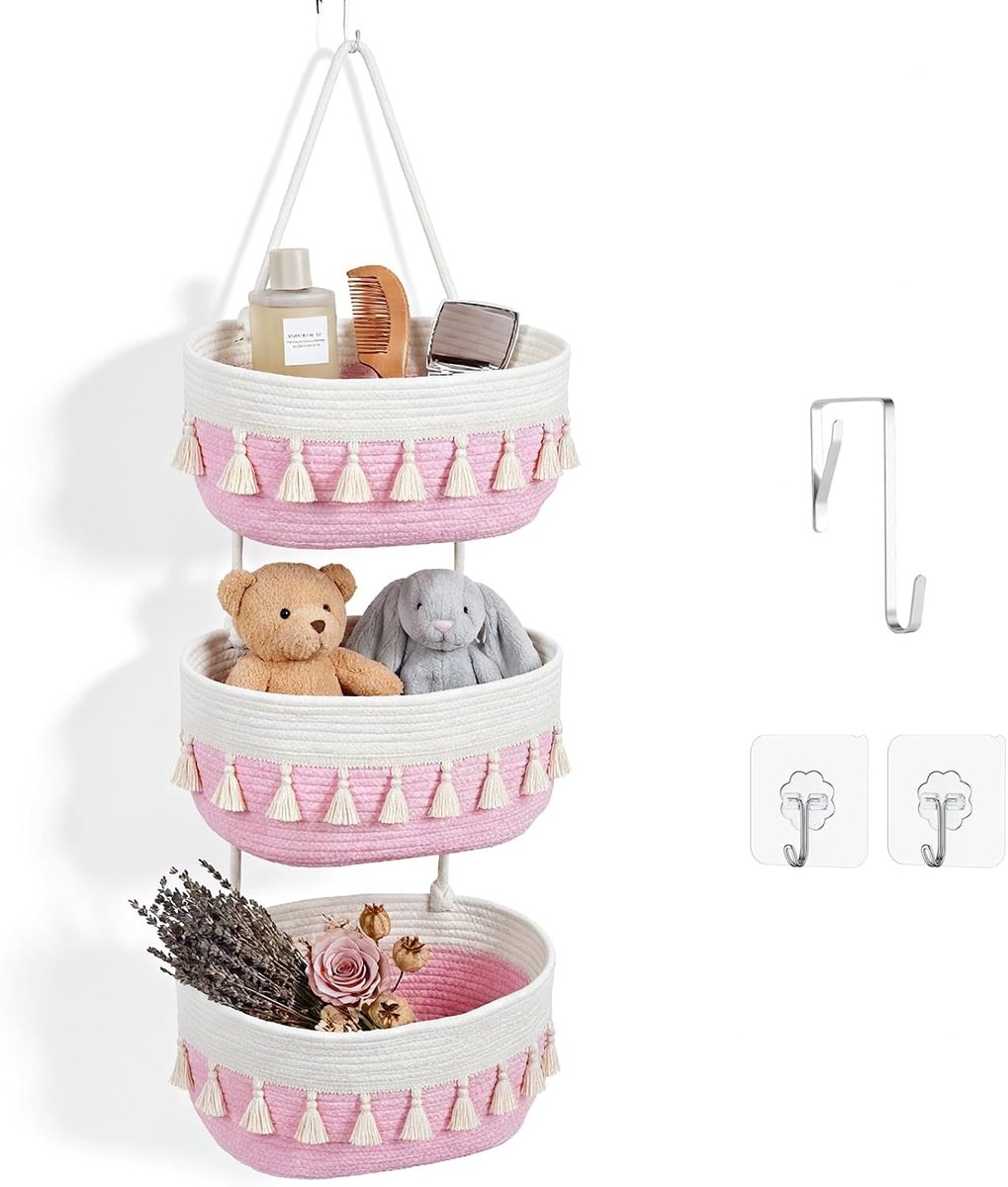 SnelShoppen - Hangorganizer van katoenen touw met kwastjes, 3-traps wandmand voor deur en muur, roze-witte opbergmand voor badkamer, kinderkamer en sl