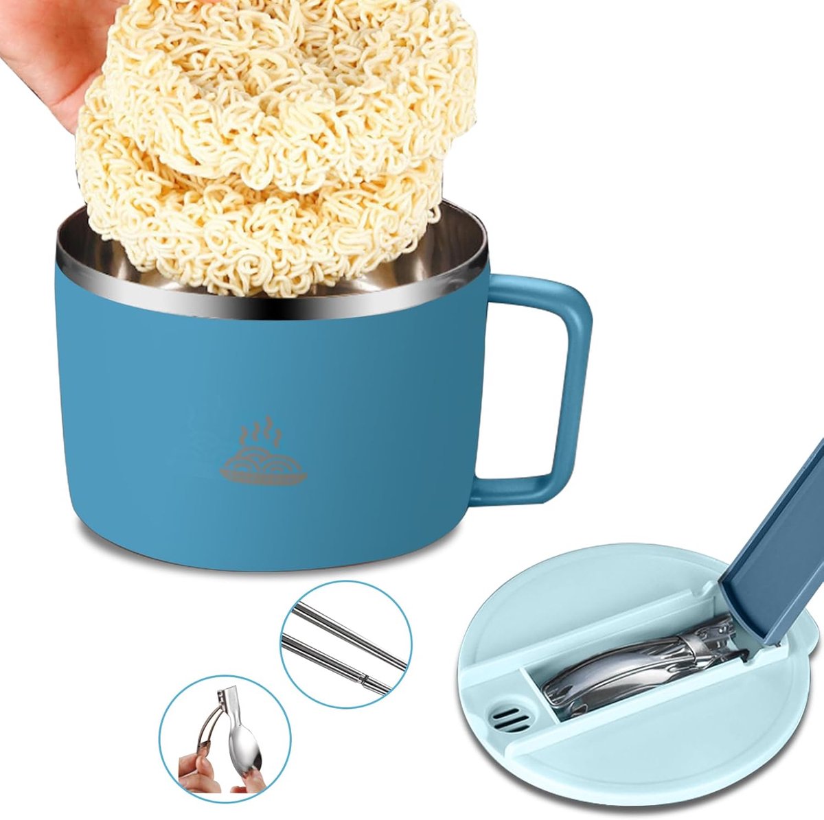 SnelShoppen - Instant Noedelkom met Deksel 1300 ml, Ramenkom met Klaplepel en Staafjes, Draagbare Pastaschaal van Roestvrij Staal, Lekvrij en Thermoko
