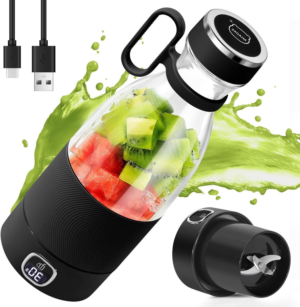 Draagbare Blender - Mini Mixer - Sap en Smoothies - 6 RVS Messen - 350 ml - Zwart