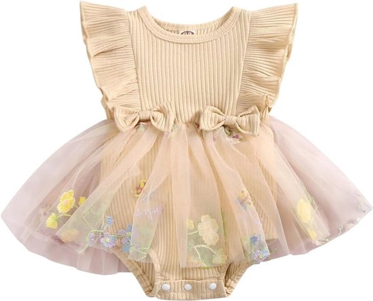 Zomerjurk voor Baby Meisjes met Rimpel, Korte Mouwen en Bloemenborduursel - Romper van Tulle voor 0-24 Maanden