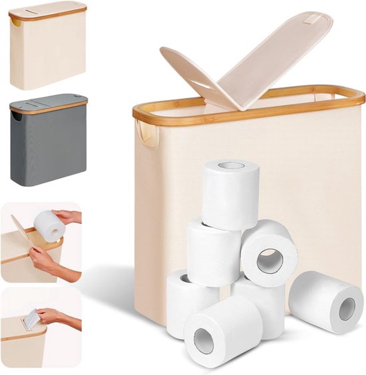 28L 2-in-1 Toiletpapier Mand met Deksel - Bamboe Opbergmand voor Badkamer en Toiletpapierhouder voor 9-12 Rollen - Beige Kleur