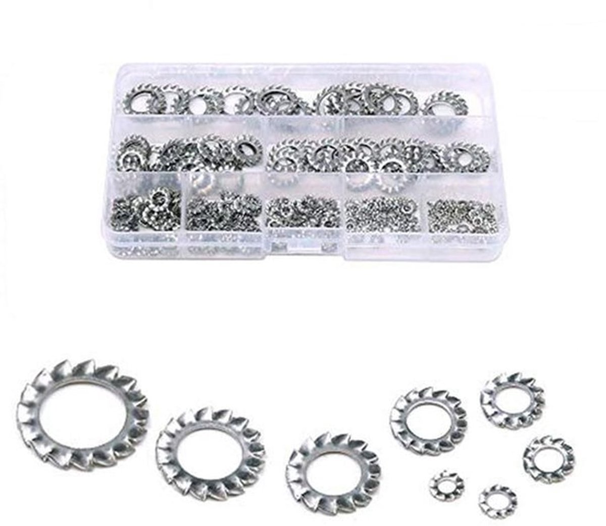Sluitringen 300 Stuks - Roestvrij Staal 304 - Buitenvertanding - Assortiment M2.5/M3/M4/M5/M6/M8/M10/M12 - Corrosiebestendig - Opbergdoos - Schijven