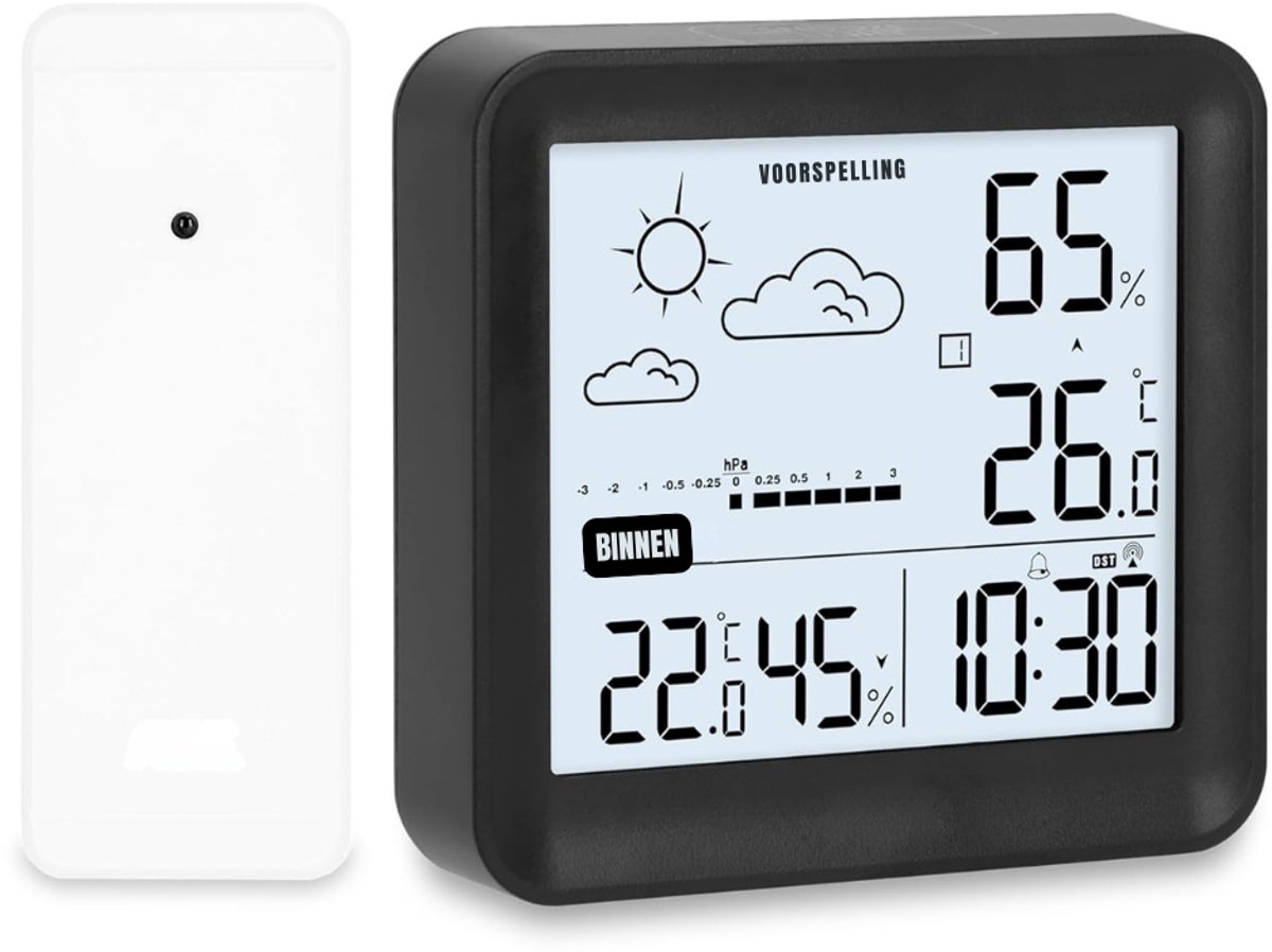 KIRA® Weerstations - Draadloos Weerstation - Digitale Weerstation - Zwart - 14cm x 11cm x 4cm