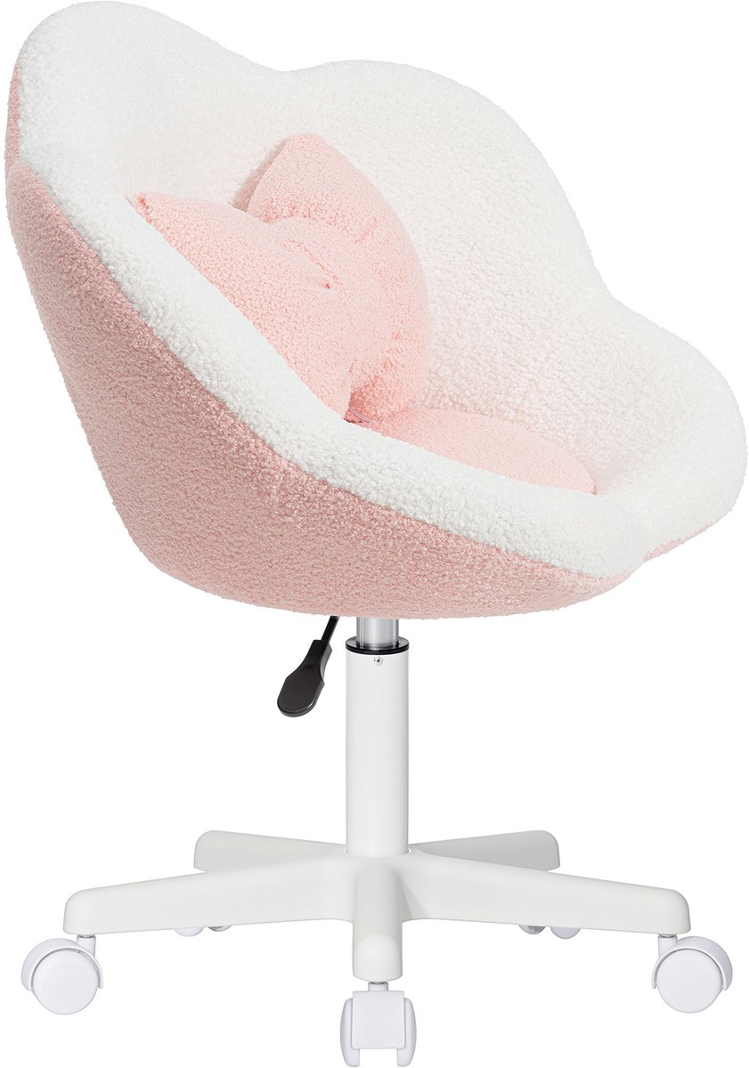 HOFFREE Kinder Bureaustoel Bloemvorm – Verstelbare Draaistoel voor Kinderen – Ergonomische Kinderstoel met Bouclé Bekleding en Lendenkussen – Roze/Wit – foto 5
