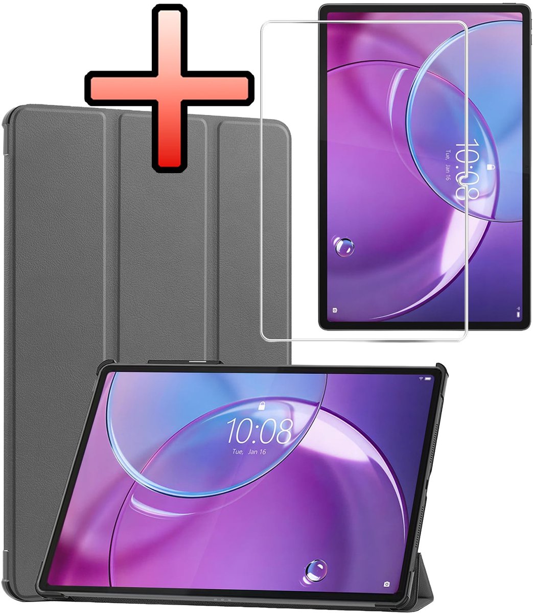 Hoes - Geschikt voor Lenovo Idea Tab Pro Gen 2 - Met Screenprotector - Trifold Bookcase - Hard Cover - Hardcover Book Case - Tablet Hoesje - Grijs