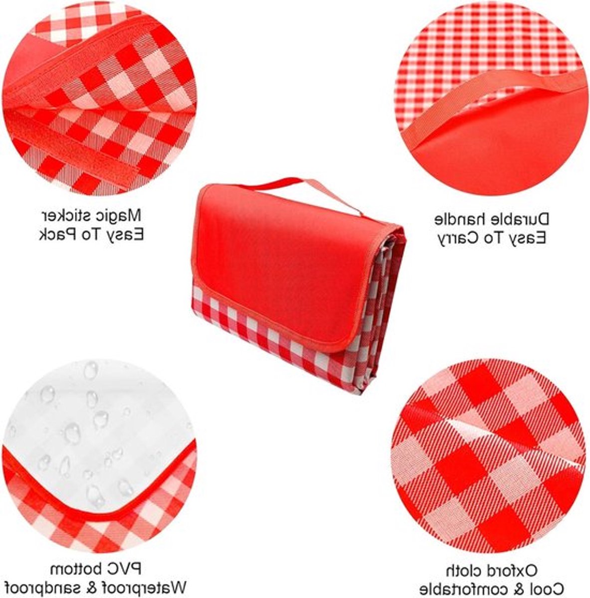 Grote Picknickdeken 150 x 200 cm, Waterdichte Vouwbare Strandmat met Handvat voor Kamperen, BBQ en Gezinsactiviteiten - Rood