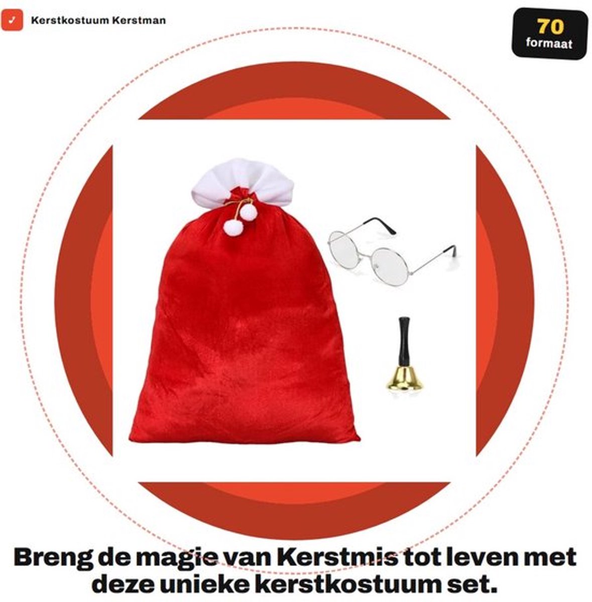 Kerstkostuum Set - Kerstmanzak 70x50 cm - Fluwelen Materiaal - Kerstman Bril - Kerstman Bel - Klassiek Design - Kerstman Kostuum