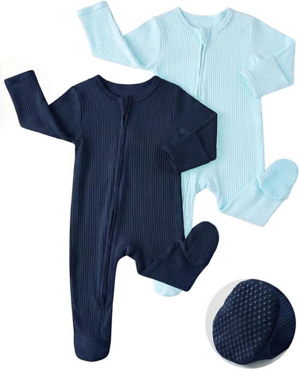 Katoenen babypyjama 2-pack voor pasgeborenen, lange mouwen rompers voor jongens en meisjes, marineblauw 0 maanden, comfortabele babykleding
