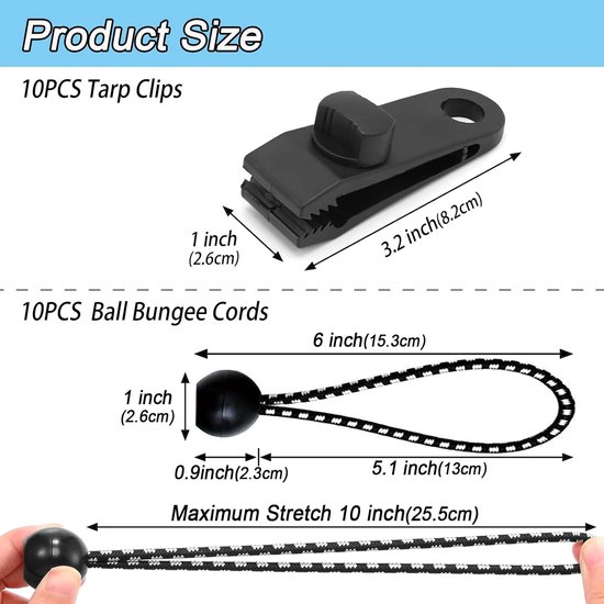 Zwart 10-pack tarpclips, 8.2cm lang en 2.6cm hoog. Zwart 10-pack bungeekoorden met een bal van 2.6cm, 13cm lang, rekt tot 25.5cm.